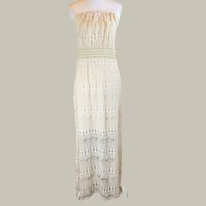 Vanity Dress Womens Large Ivory Cream Strapless Lace Crocheted Maxi Boho Smocked